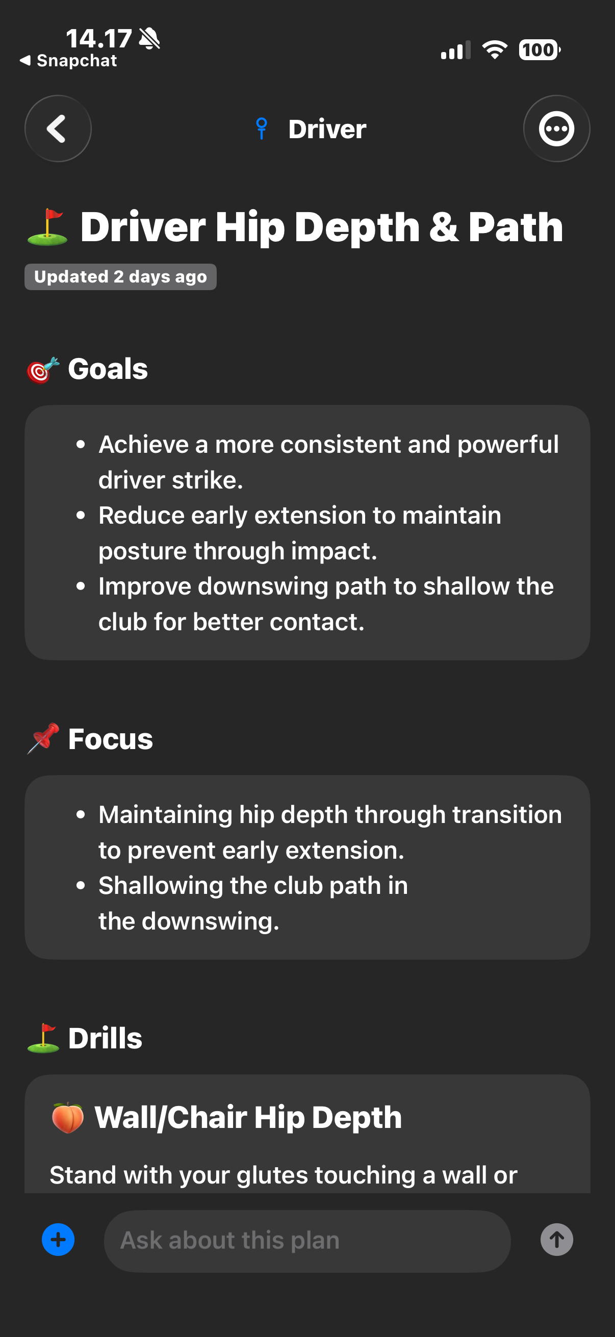 Driver plan with goals, focus, and drills